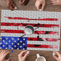 Golf Ball and Clubs Puzzle with American Flag Smoke Effect and Hexagon Pattern - Wonder Print Shop