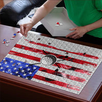 Golf Ball and Clubs Puzzle with American Flag Smoke Effect and Hexagon Pattern - Wonder Print Shop