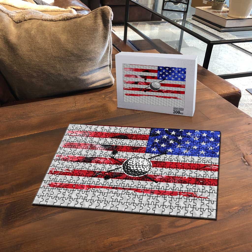 Golf Ball and Clubs Puzzle with American Flag Smoke Effect and Hexagon Pattern - Wonder Print Shop