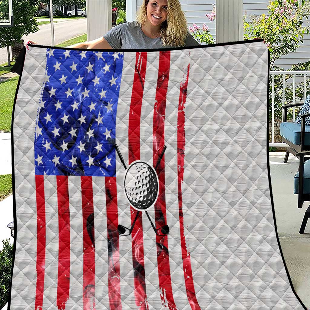 Golf Ball and Clubs Quilt with American Flag Smoke Effect and Hexagon Pattern - Wonder Print Shop