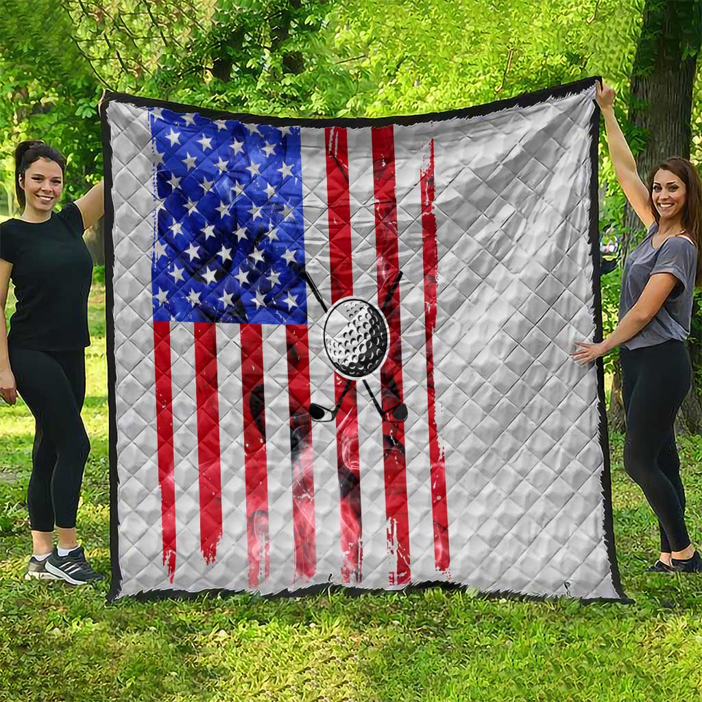Golf Ball and Clubs Quilt with American Flag Smoke Effect and Hexagon Pattern - Wonder Print Shop