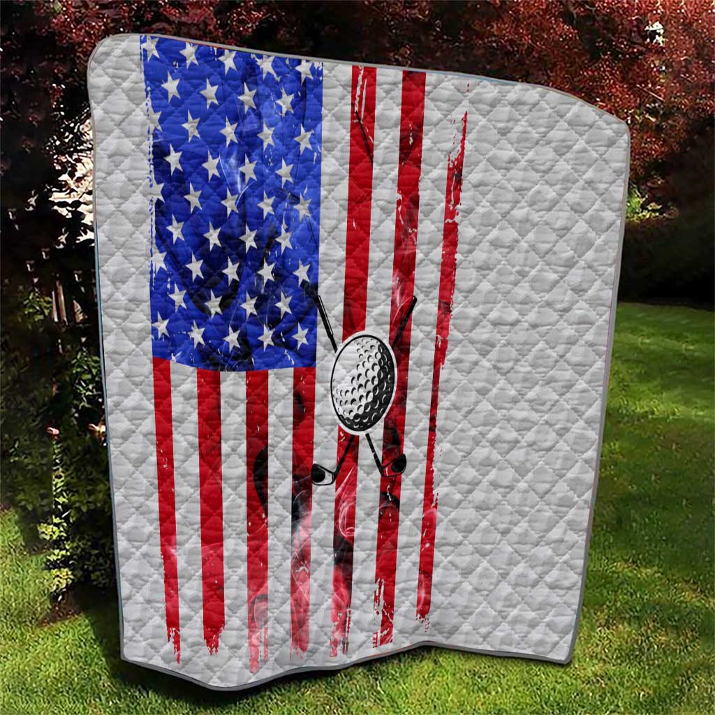 Golf Ball and Clubs Quilt with American Flag Smoke Effect and Hexagon Pattern - Wonder Print Shop