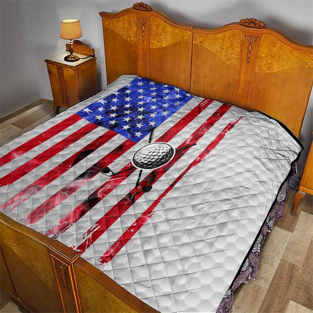 Golf Ball and Clubs Quilt with American Flag Smoke Effect and Hexagon Pattern - Wonder Print Shop