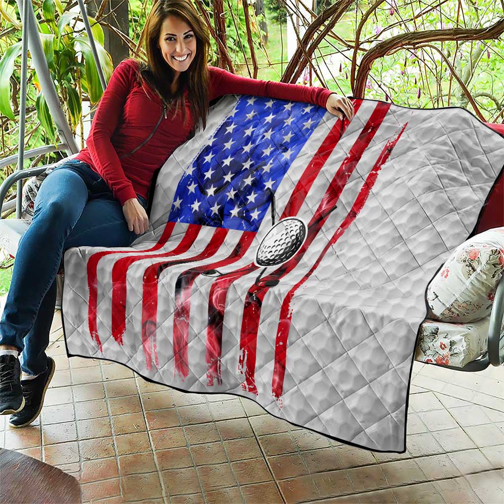 Golf Ball and Clubs Quilt with American Flag Smoke Effect and Hexagon Pattern - Wonder Print Shop