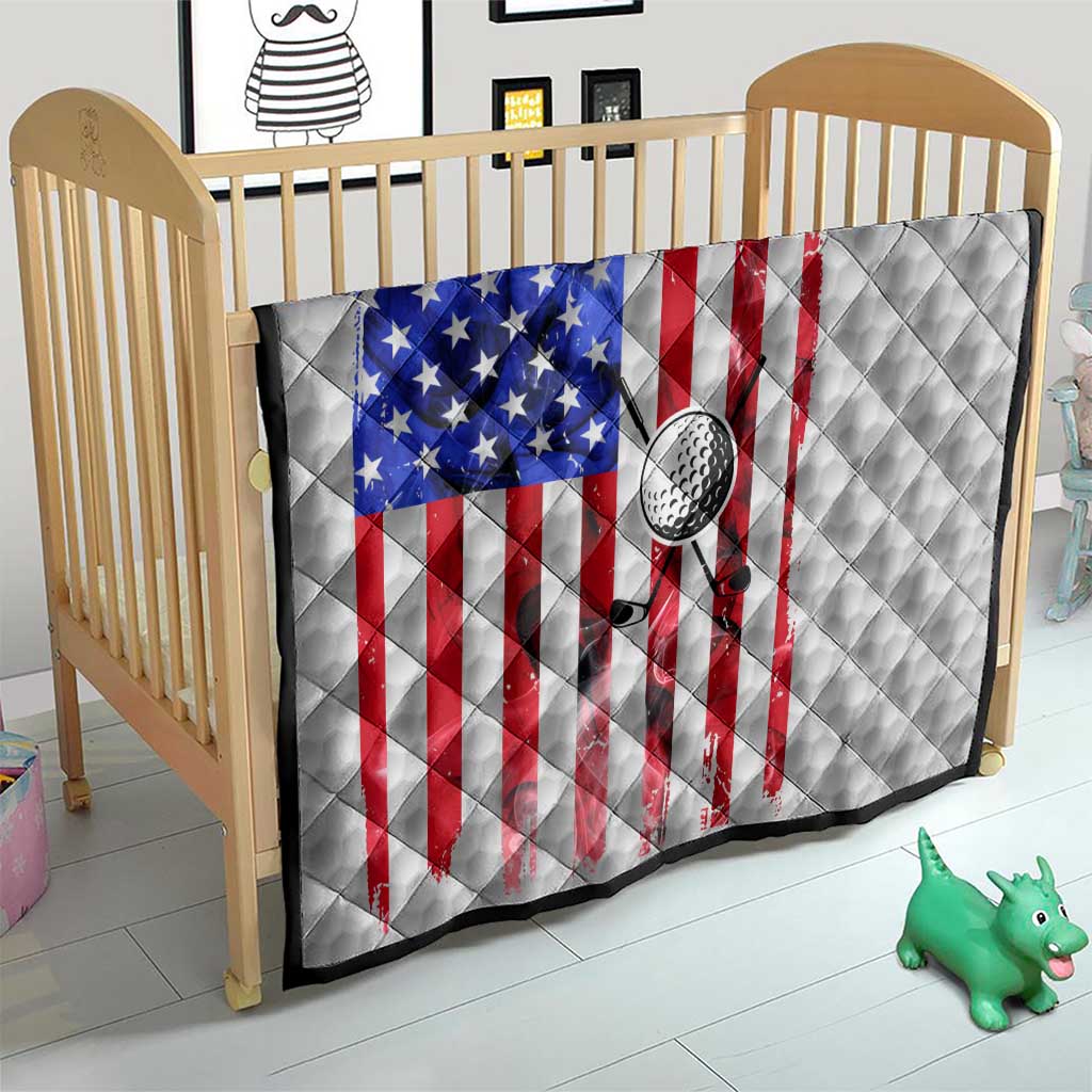 Golf Ball and Clubs Quilt with American Flag Smoke Effect and Hexagon Pattern - Wonder Print Shop