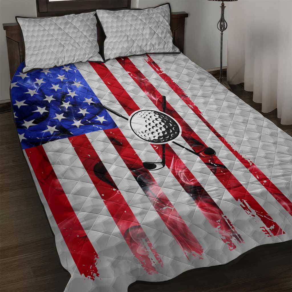 Golf Ball and Clubs Quilt Bed Set with American Flag Smoke Effect and Hexagon Pattern - Wonder Print Shop