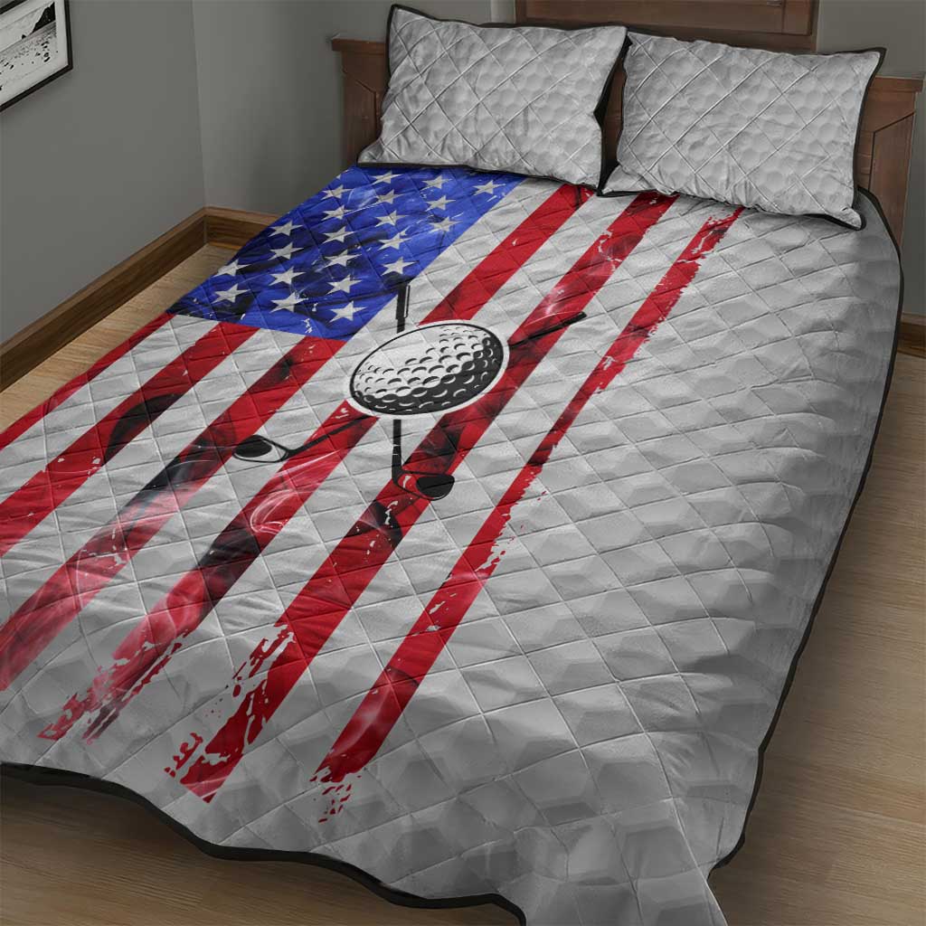 Golf Ball and Clubs Quilt Bed Set with American Flag Smoke Effect and Hexagon Pattern - Wonder Print Shop