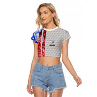 Custom Golf Ball and Clubs Raglan Cropped T Shirt with American Flag Smoke Effect and Hexagon Pattern - Wonder Print Shop