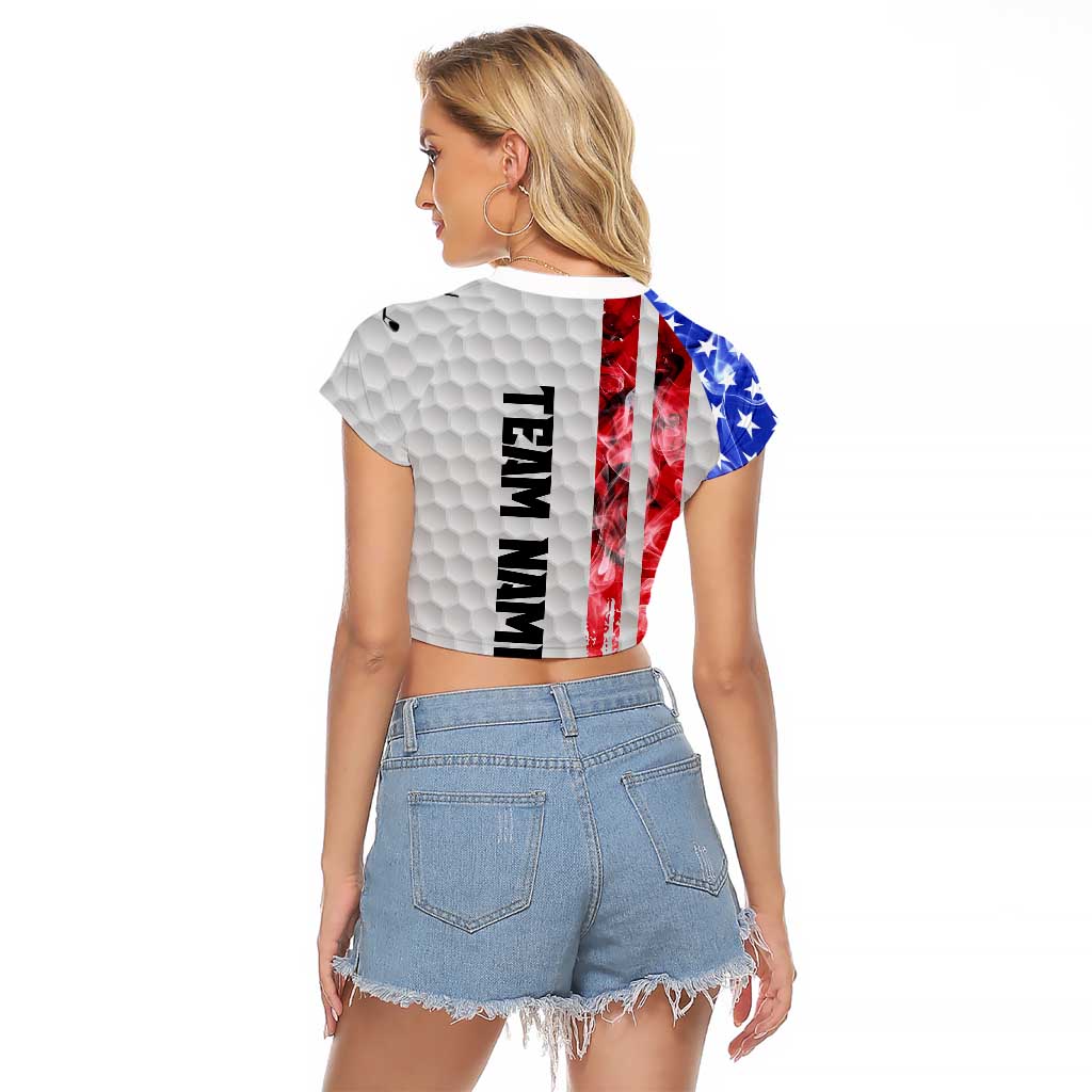 Custom Golf Ball and Clubs Raglan Cropped T Shirt with American Flag Smoke Effect and Hexagon Pattern - Wonder Print Shop