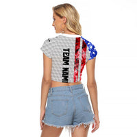 Custom Golf Ball and Clubs Raglan Cropped T Shirt with American Flag Smoke Effect and Hexagon Pattern - Wonder Print Shop