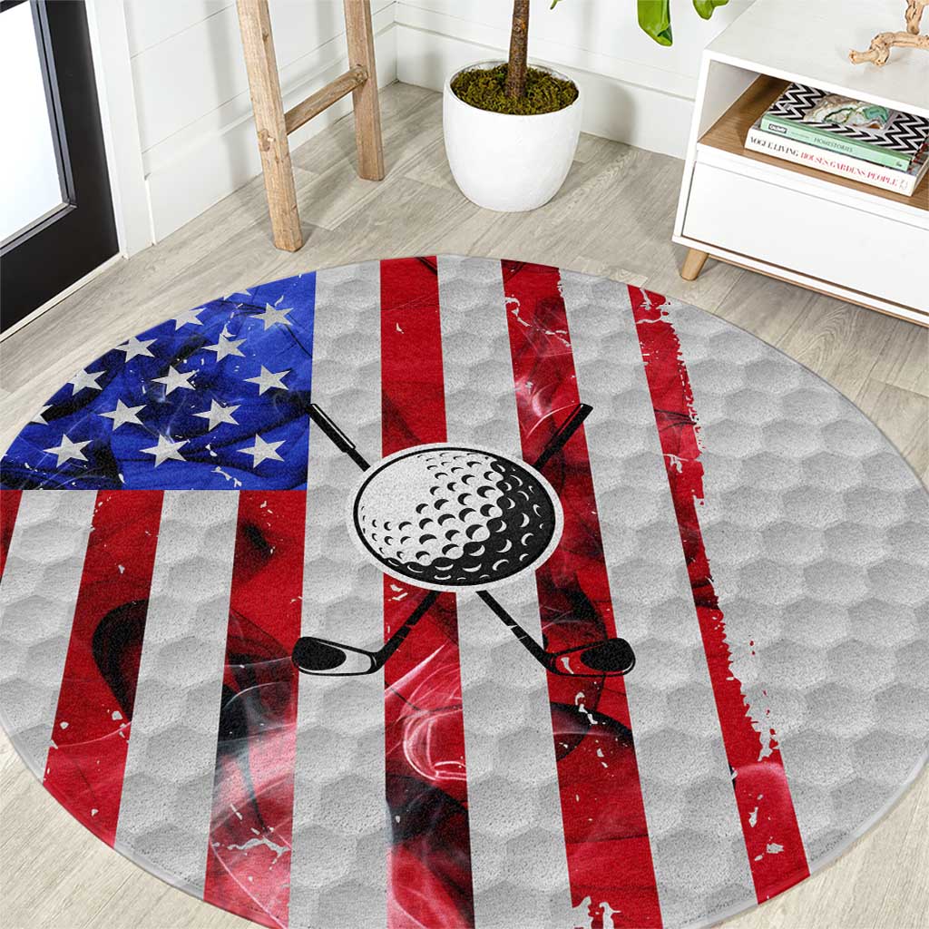 Golf Ball and Clubs Round Carpet with American Flag Smoke Effect and Hexagon Pattern - Wonder Print Shop