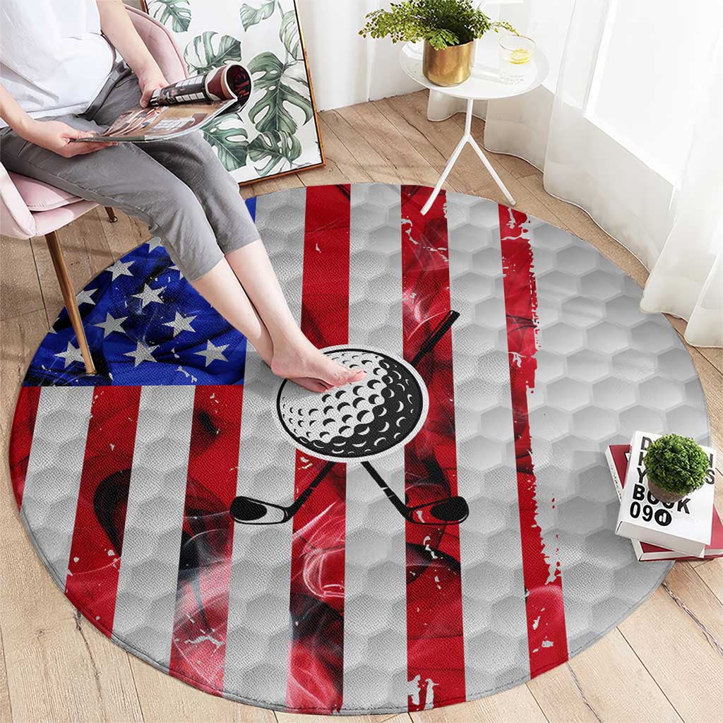 Golf Ball and Clubs Round Carpet with American Flag Smoke Effect and Hexagon Pattern - Wonder Print Shop