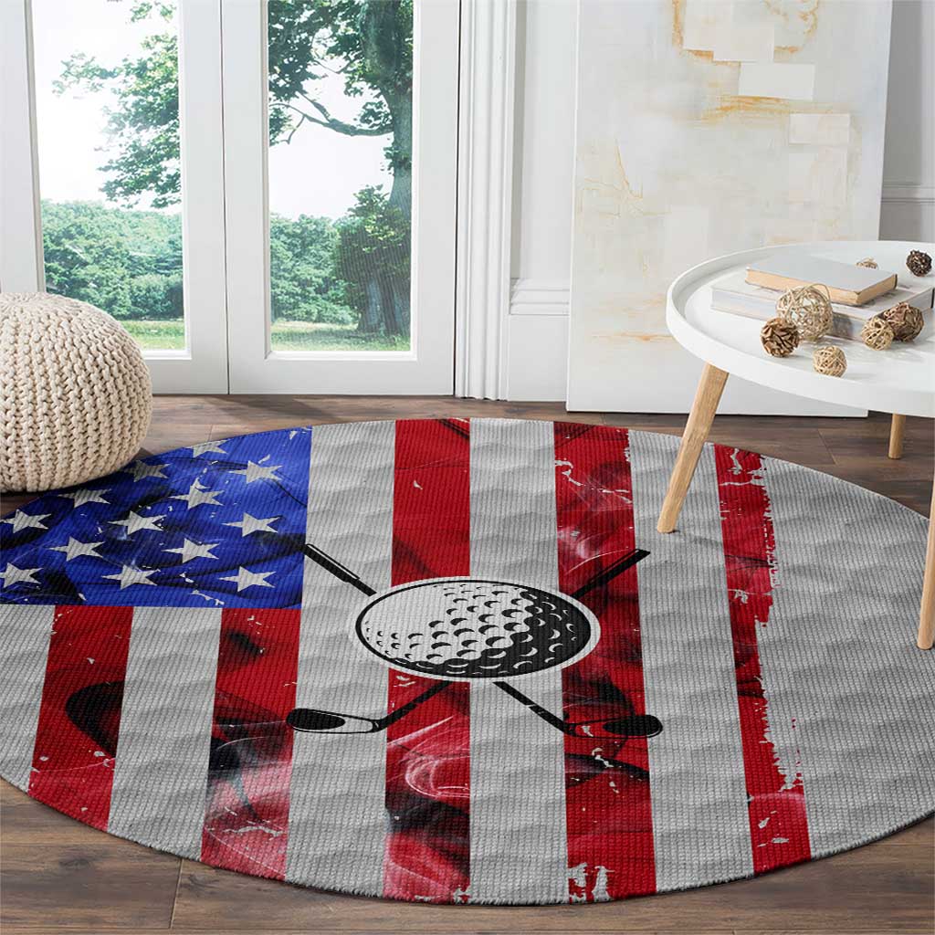 Golf Ball and Clubs Round Carpet with American Flag Smoke Effect and Hexagon Pattern - Wonder Print Shop