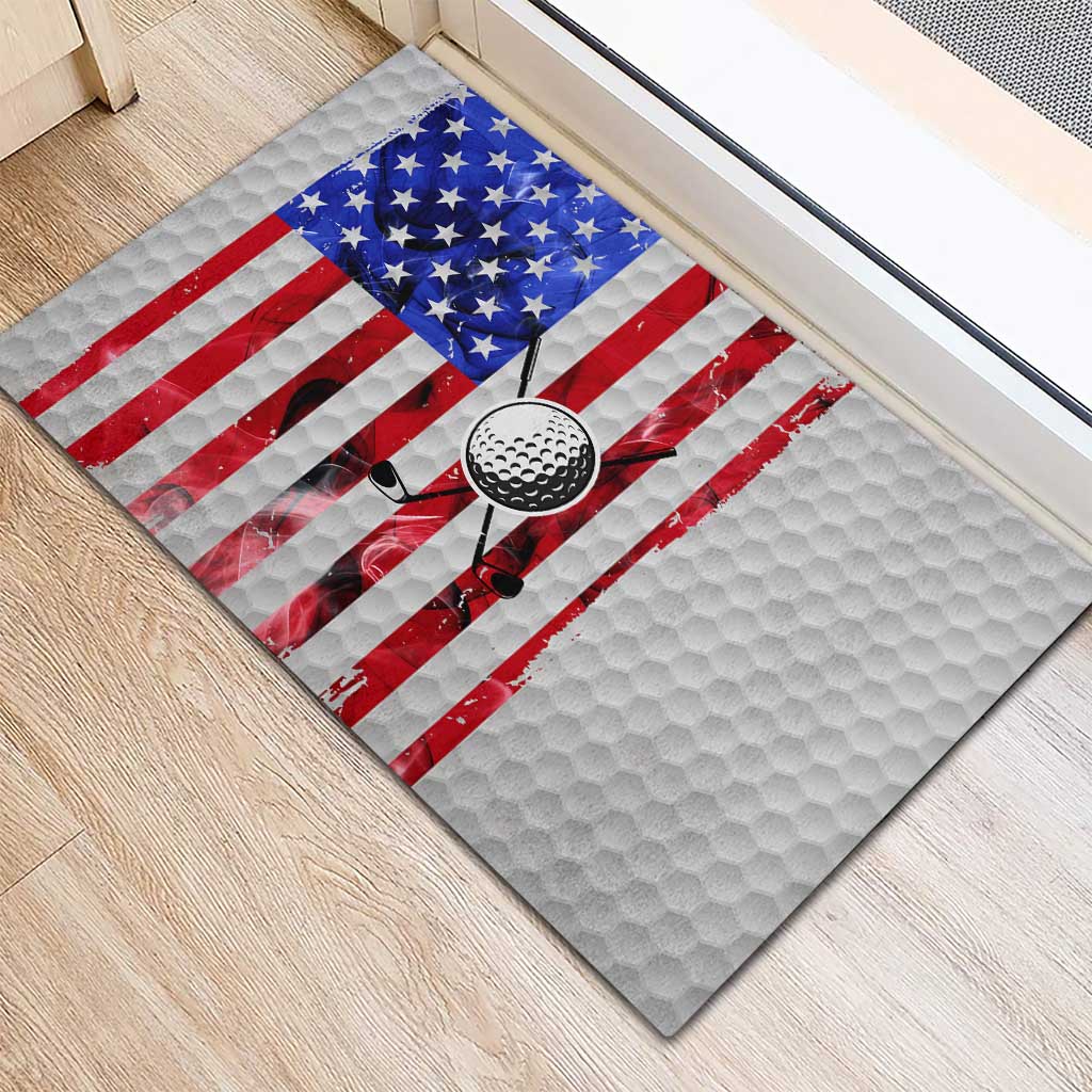 Golf Ball and Clubs Rubber Doormat with American Flag Smoke Effect and Hexagon Pattern - Wonder Print Shop