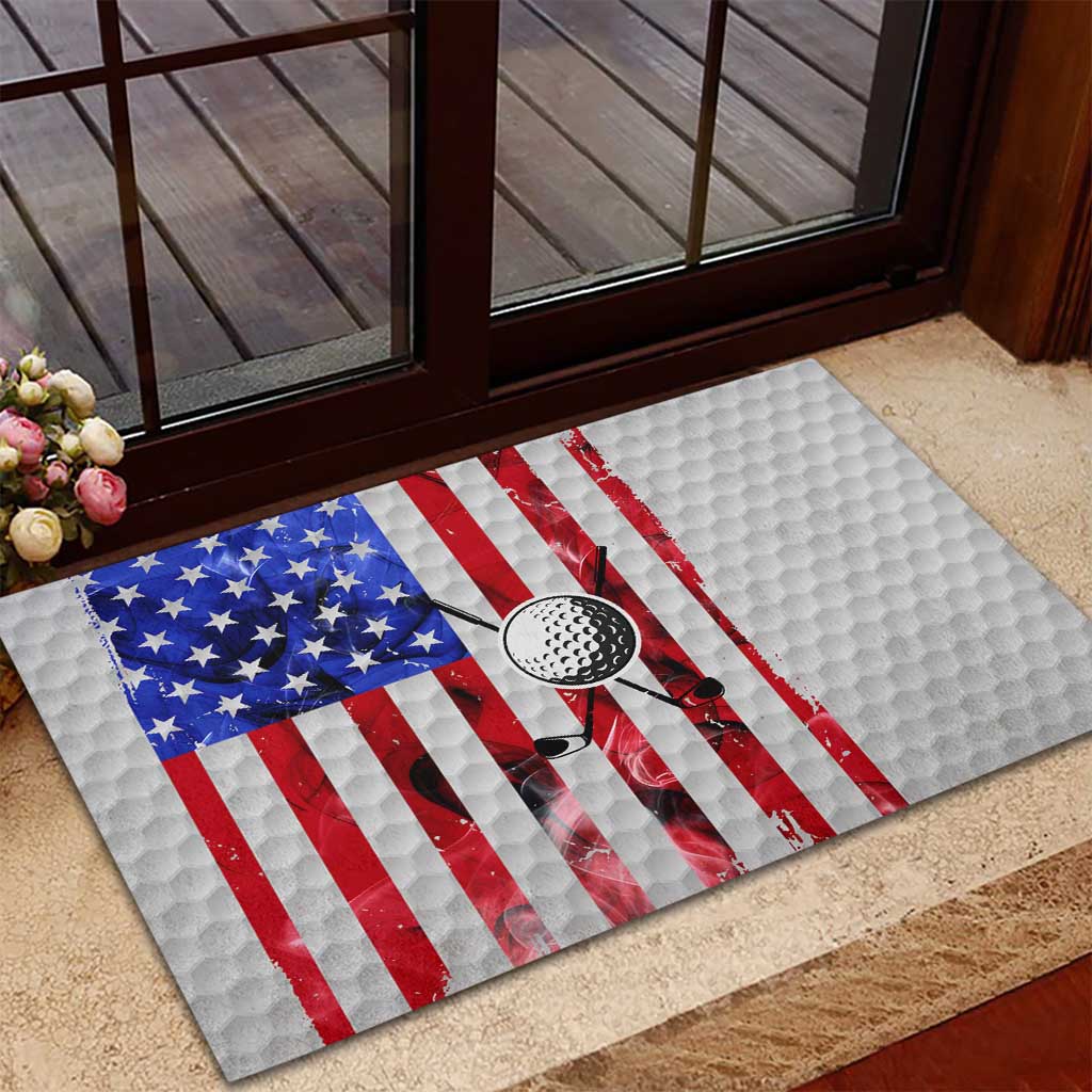 Golf Ball and Clubs Rubber Doormat with American Flag Smoke Effect and Hexagon Pattern - Wonder Print Shop