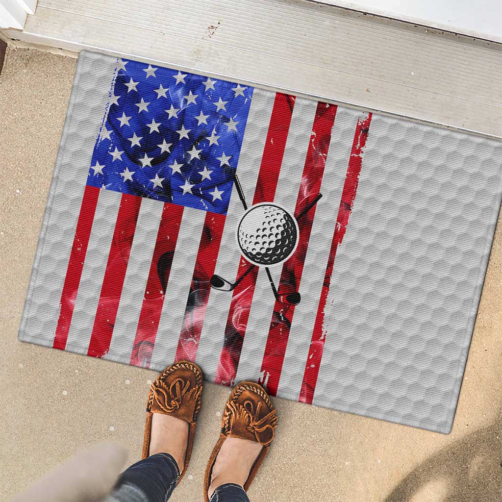 Golf Ball and Clubs Rubber Doormat with American Flag Smoke Effect and Hexagon Pattern - Wonder Print Shop