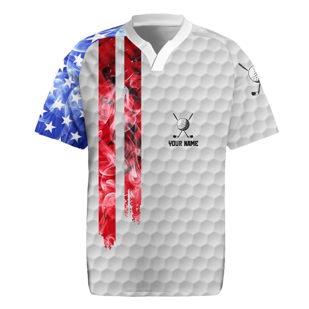 Custom Golf Ball and Clubs Rugby Jersey with American Flag Smoke Effect and Hexagon Pattern - Wonder Print Shop