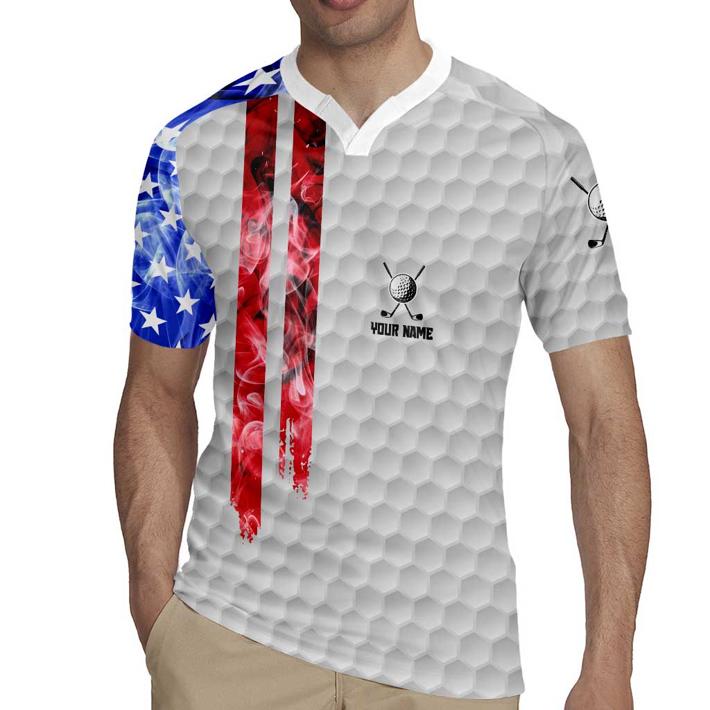 Custom Golf Ball and Clubs Rugby Jersey with American Flag Smoke Effect and Hexagon Pattern - Wonder Print Shop