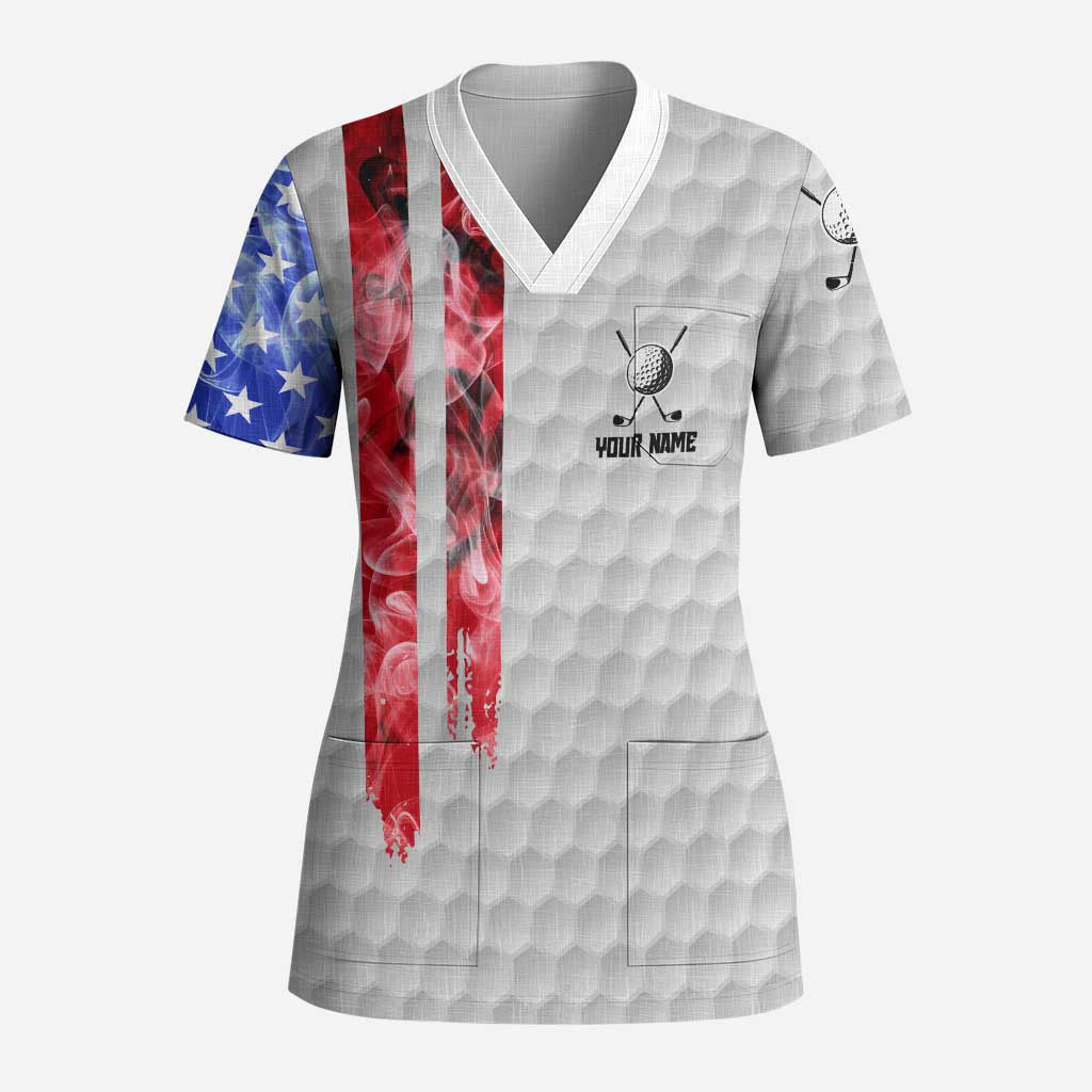 Custom Golf Ball and Clubs Scrub Top with American Flag Smoke Effect and Hexagon Pattern - Wonder Print Shop