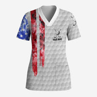Custom Golf Ball and Clubs Scrub Top with American Flag Smoke Effect and Hexagon Pattern - Wonder Print Shop