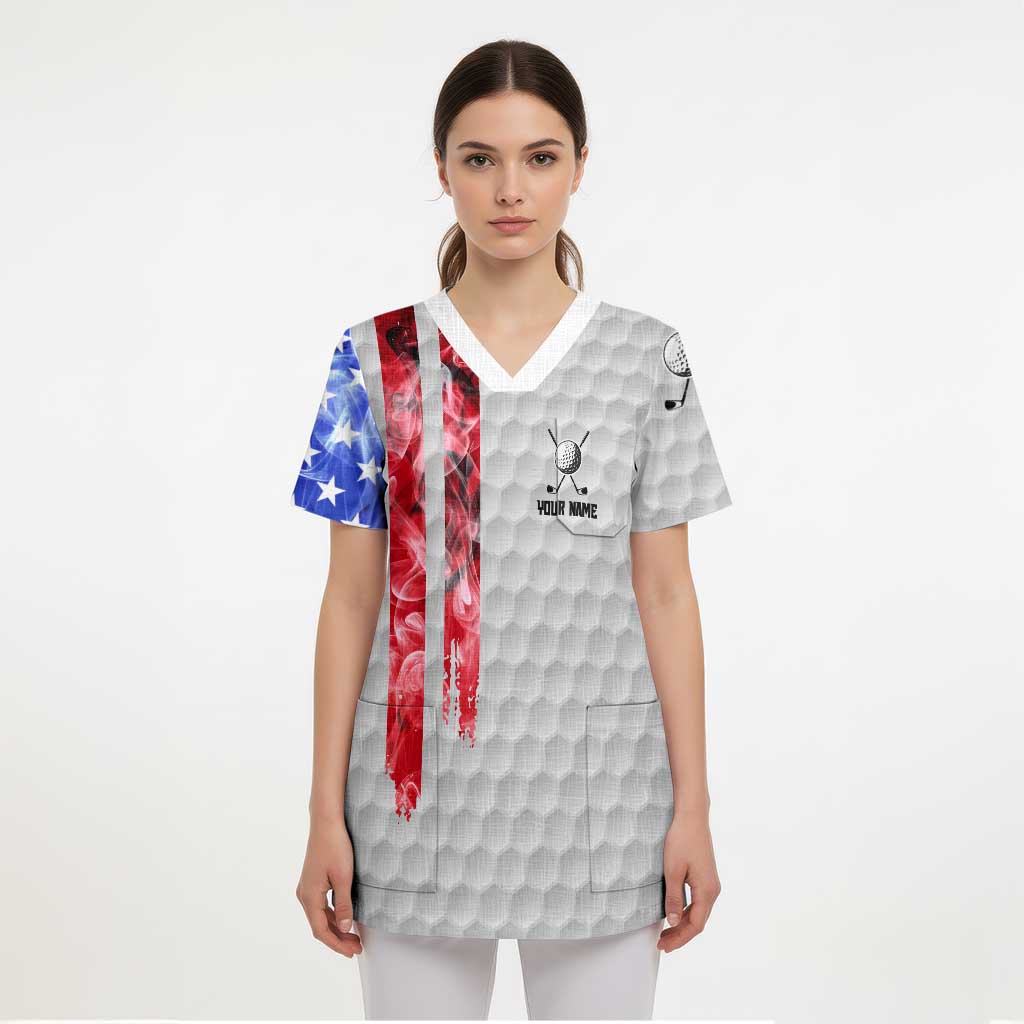 Custom Golf Ball and Clubs Scrub Top with American Flag Smoke Effect and Hexagon Pattern - Wonder Print Shop