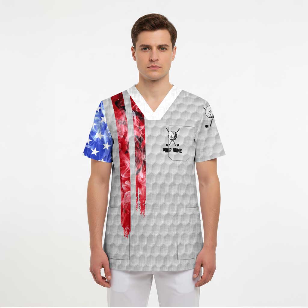 Custom Golf Ball and Clubs Scrub Top with American Flag Smoke Effect and Hexagon Pattern - Wonder Print Shop