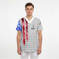 Custom Golf Ball and Clubs Scrub Top with American Flag Smoke Effect and Hexagon Pattern - Wonder Print Shop