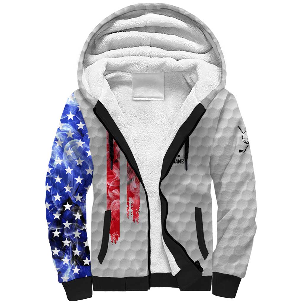 Custom Golf Ball and Clubs Sherpa Hoodie with American Flag Smoke Effect and Hexagon Pattern - Wonder Print Shop