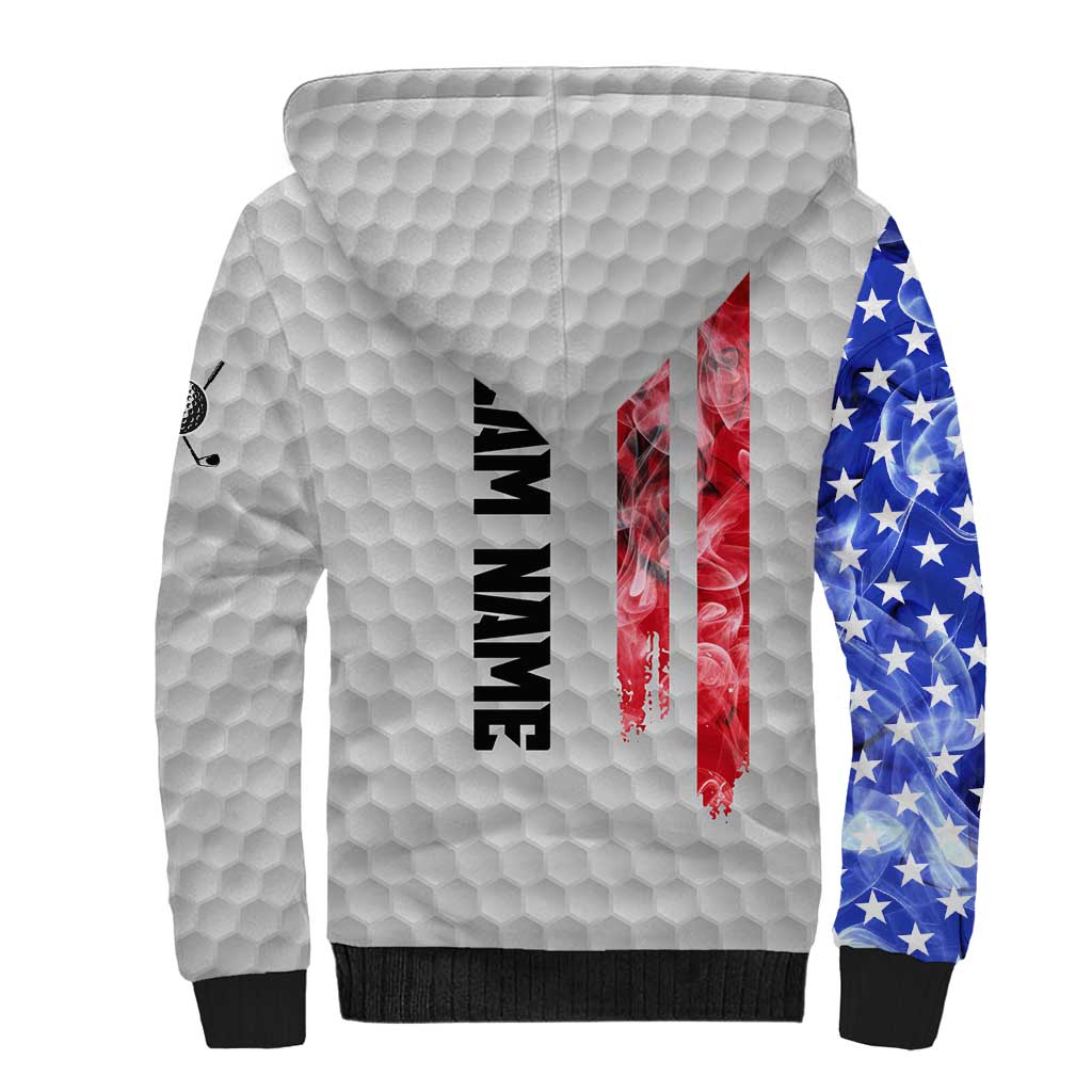 Custom Golf Ball and Clubs Sherpa Hoodie with American Flag Smoke Effect and Hexagon Pattern - Wonder Print Shop