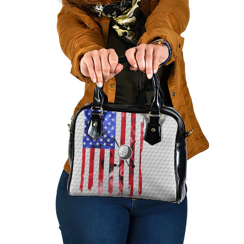 Golf Ball and Clubs Shoulder Handbag with American Flag Smoke Effect and Hexagon Pattern - Wonder Print Shop
