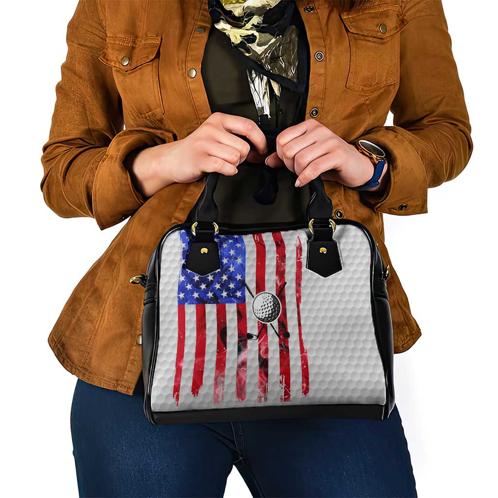 Golf Ball and Clubs Shoulder Handbag with American Flag Smoke Effect and Hexagon Pattern - Wonder Print Shop