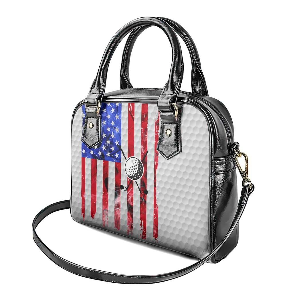 Golf Ball and Clubs Shoulder Handbag with American Flag Smoke Effect and Hexagon Pattern - Wonder Print Shop