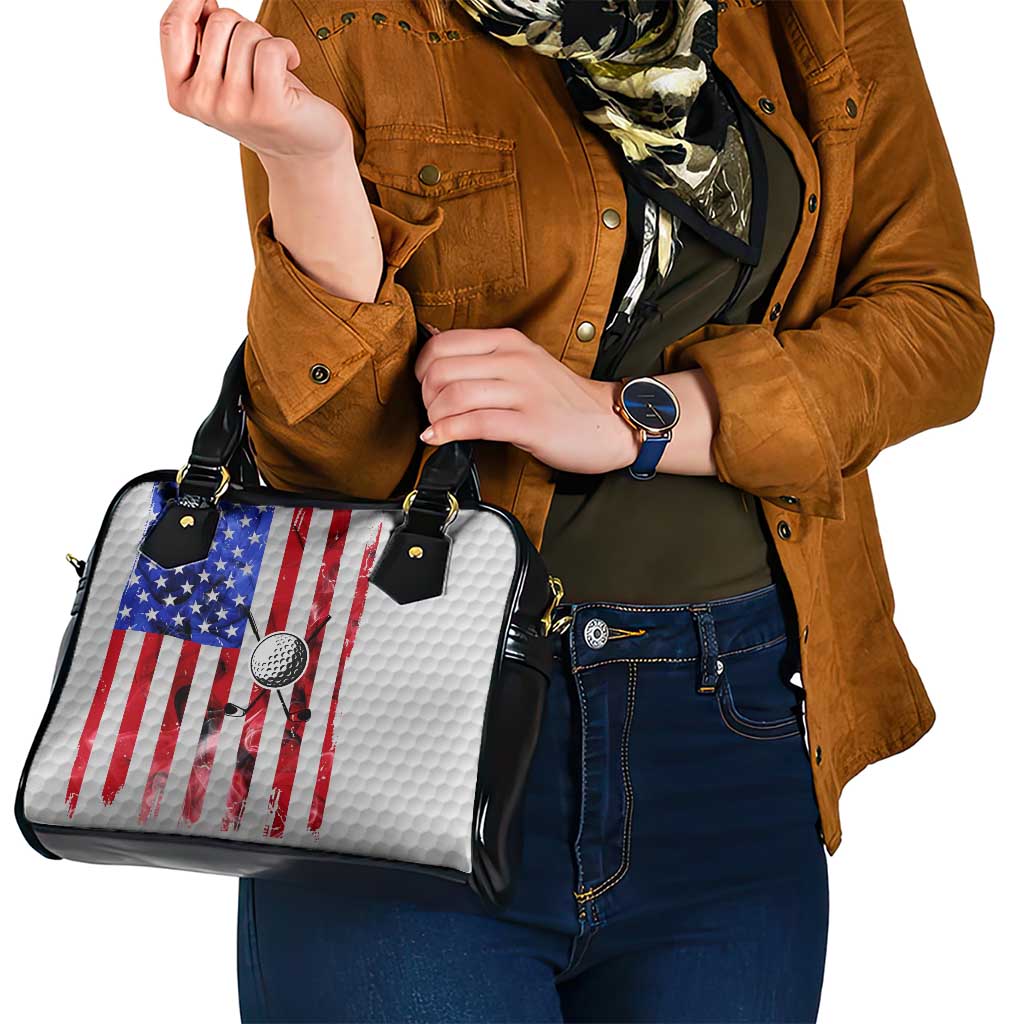 Golf Ball and Clubs Shoulder Handbag with American Flag Smoke Effect and Hexagon Pattern - Wonder Print Shop