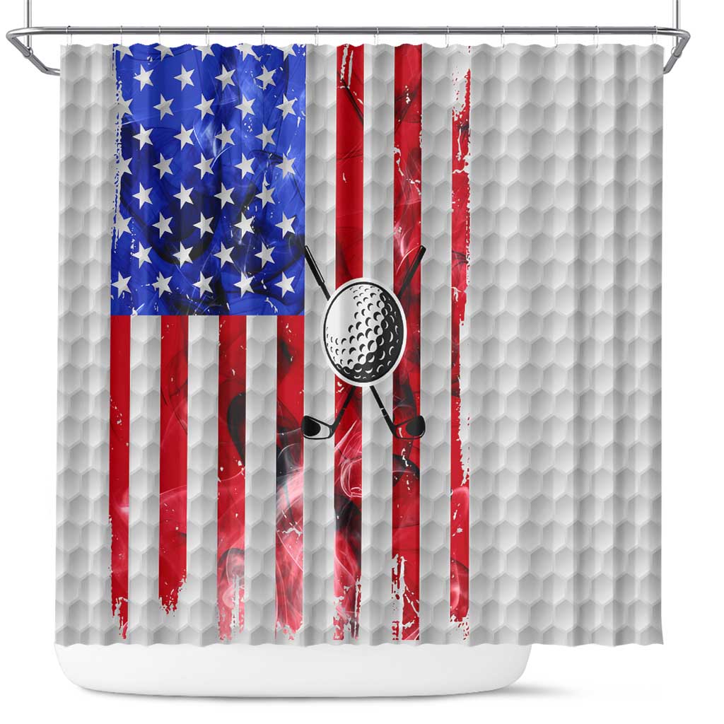 Golf Ball and Clubs Shower Curtain with American Flag Smoke Effect and Hexagon Pattern - Wonder Print Shop