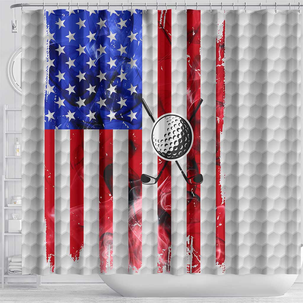 Golf Ball and Clubs Shower Curtain with American Flag Smoke Effect and Hexagon Pattern - Wonder Print Shop