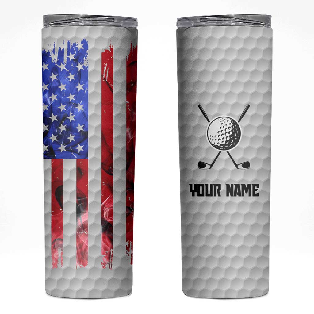 Custom Golf Ball and Clubs Skinny Tumbler with American Flag Smoke Effect and Hexagon Pattern - Wonder Print Shop
