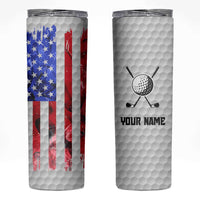 Custom Golf Ball and Clubs Skinny Tumbler with American Flag Smoke Effect and Hexagon Pattern - Wonder Print Shop