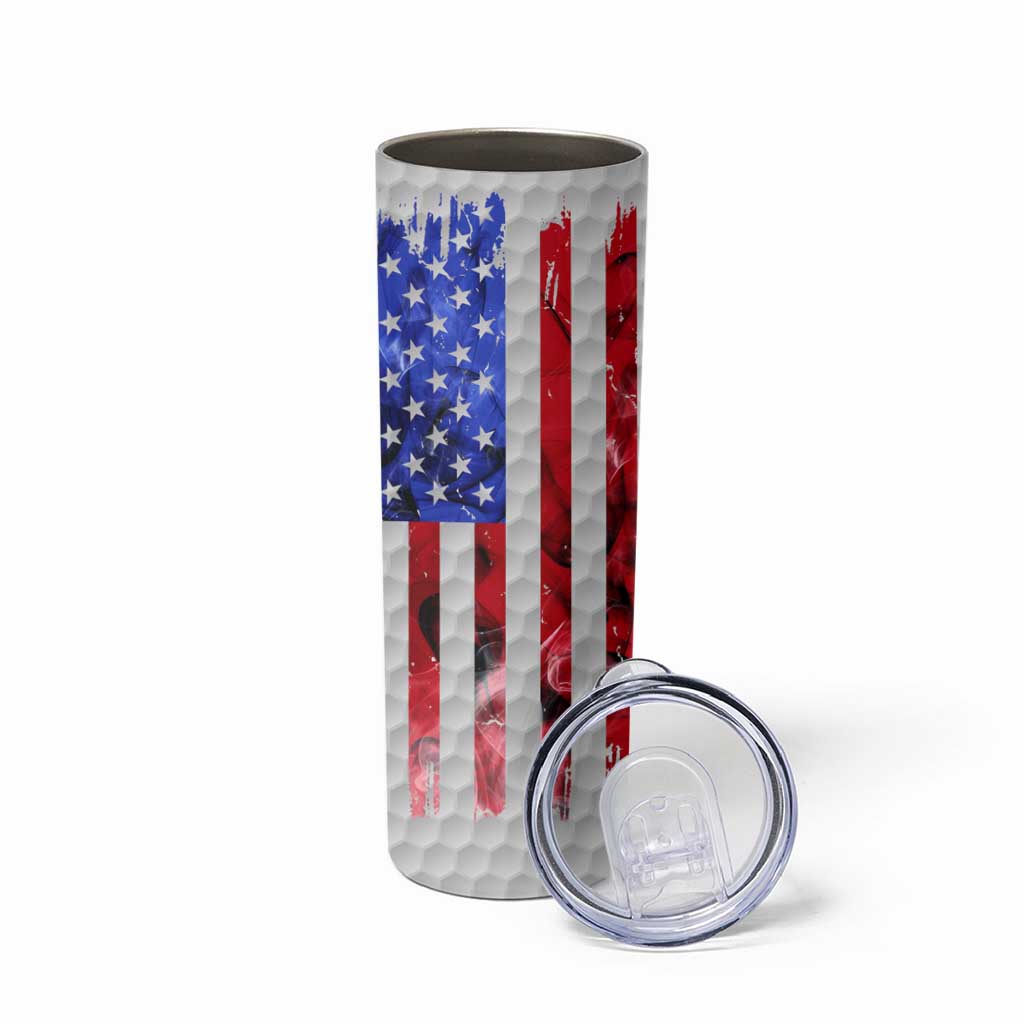 Custom Golf Ball and Clubs Skinny Tumbler with American Flag Smoke Effect and Hexagon Pattern - Wonder Print Shop