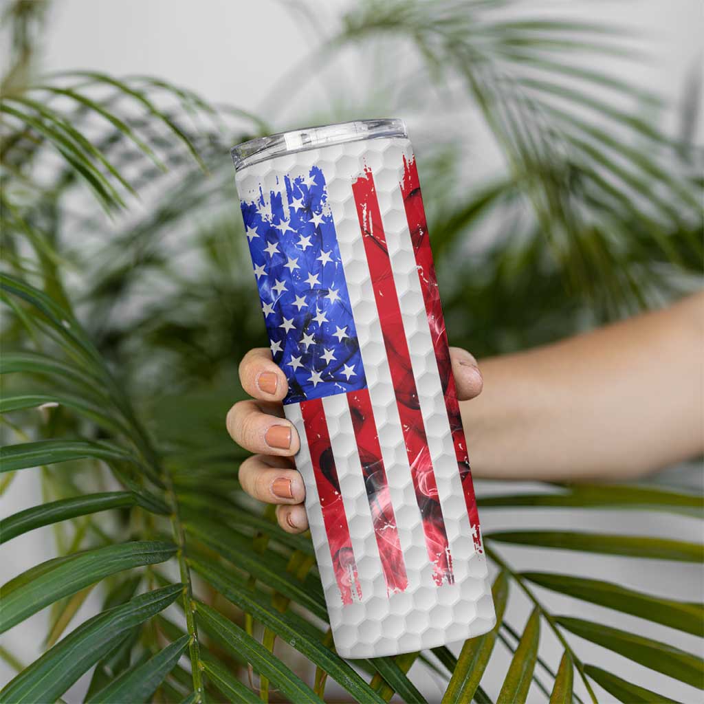 Custom Golf Ball and Clubs Skinny Tumbler with American Flag Smoke Effect and Hexagon Pattern - Wonder Print Shop