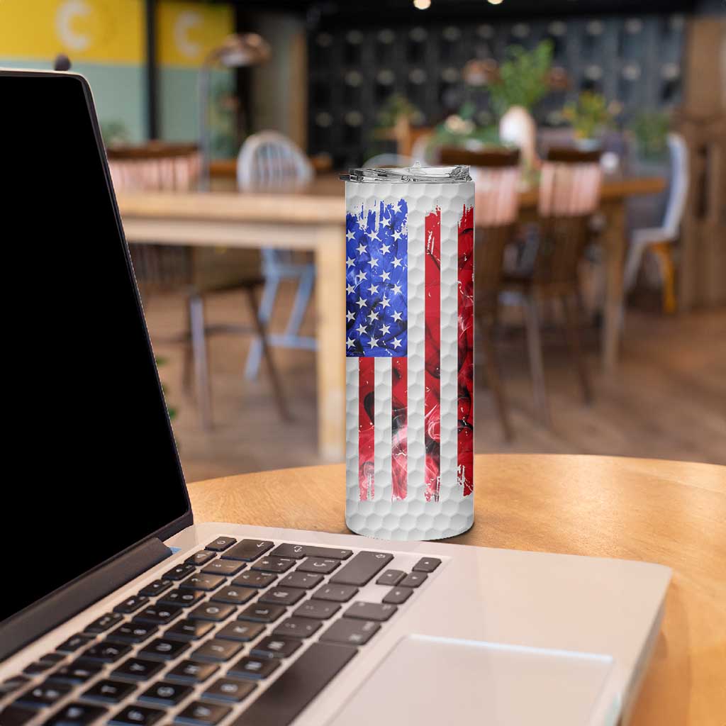 Custom Golf Ball and Clubs Skinny Tumbler with American Flag Smoke Effect and Hexagon Pattern - Wonder Print Shop