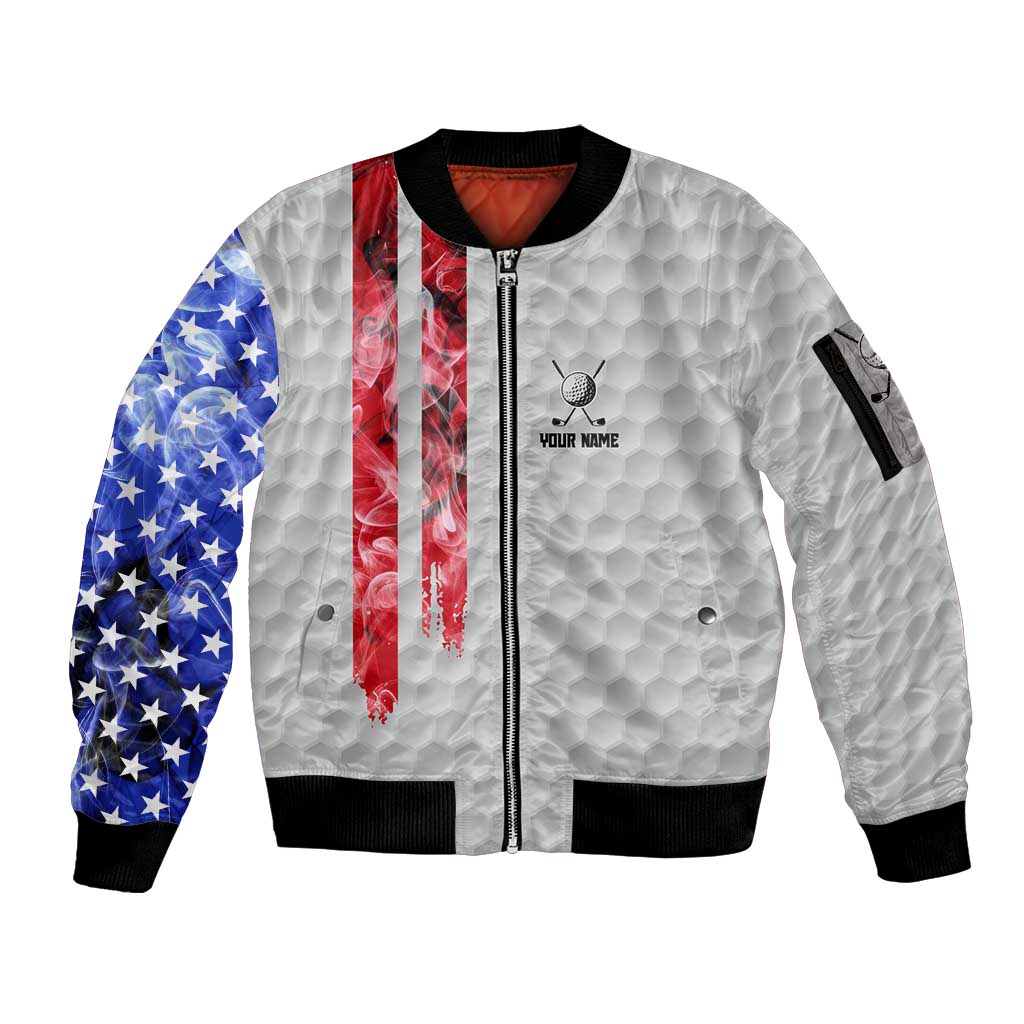 Custom Golf Ball and Clubs Sleeve Zip Bomber Jacket with American Flag Smoke Effect and Hexagon Pattern - Wonder Print Shop