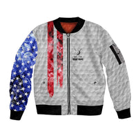 Custom Golf Ball and Clubs Sleeve Zip Bomber Jacket with American Flag Smoke Effect and Hexagon Pattern - Wonder Print Shop