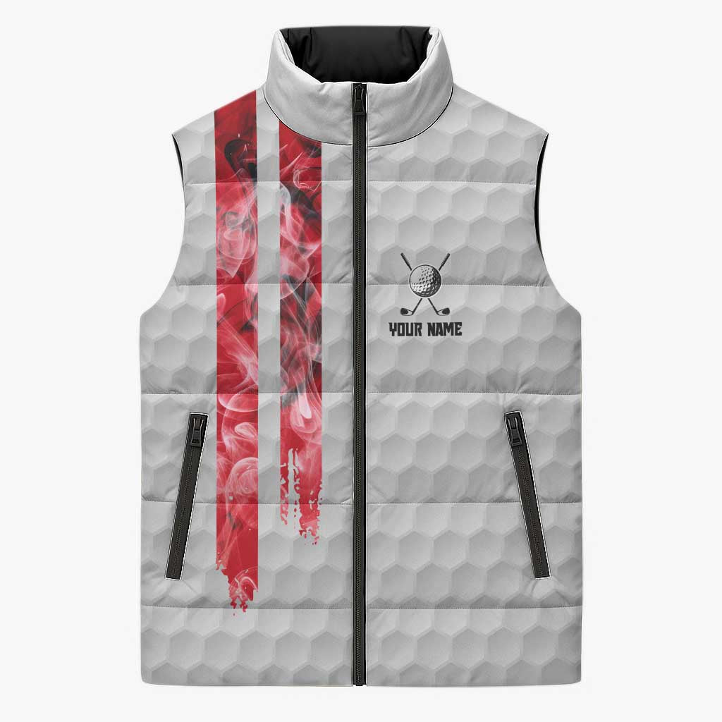 Custom Golf Ball and Clubs Sleeveless Puffer Jacket with American Flag Smoke Effect and Hexagon Pattern - Wonder Print Shop