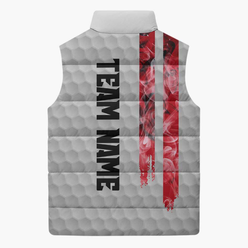 Custom Golf Ball and Clubs Sleeveless Puffer Jacket with American Flag Smoke Effect and Hexagon Pattern - Wonder Print Shop