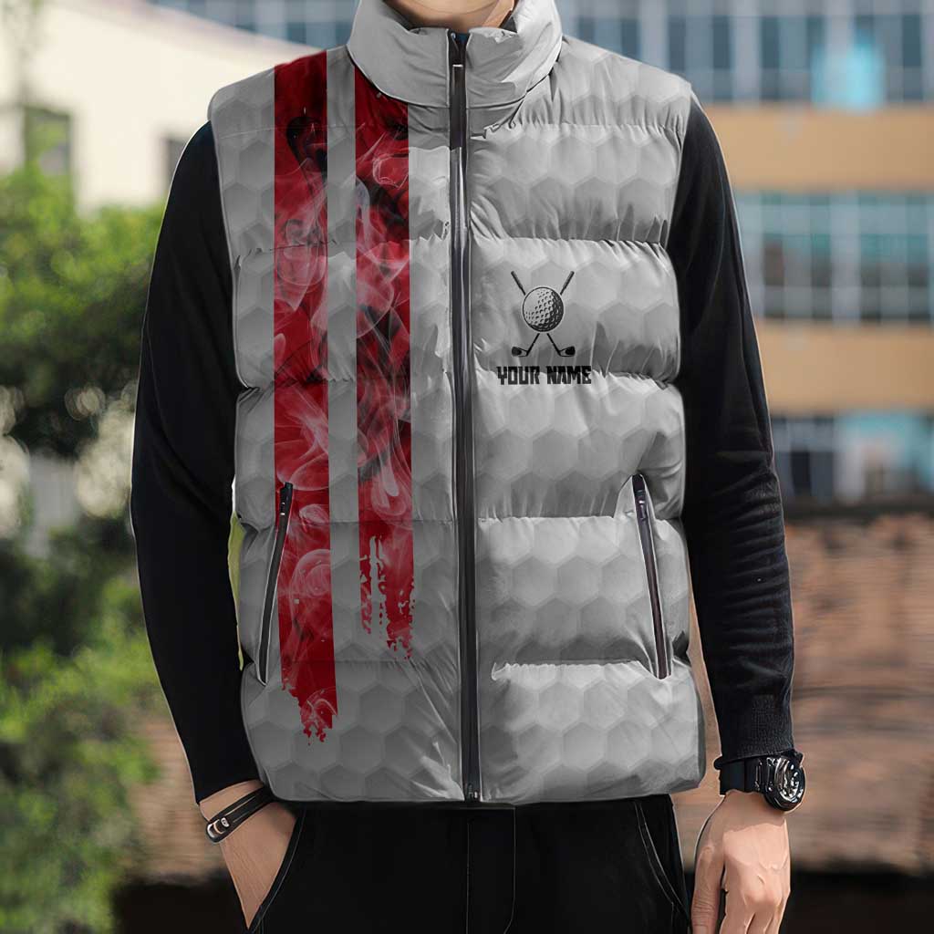 Custom Golf Ball and Clubs Sleeveless Puffer Jacket with American Flag Smoke Effect and Hexagon Pattern - Wonder Print Shop