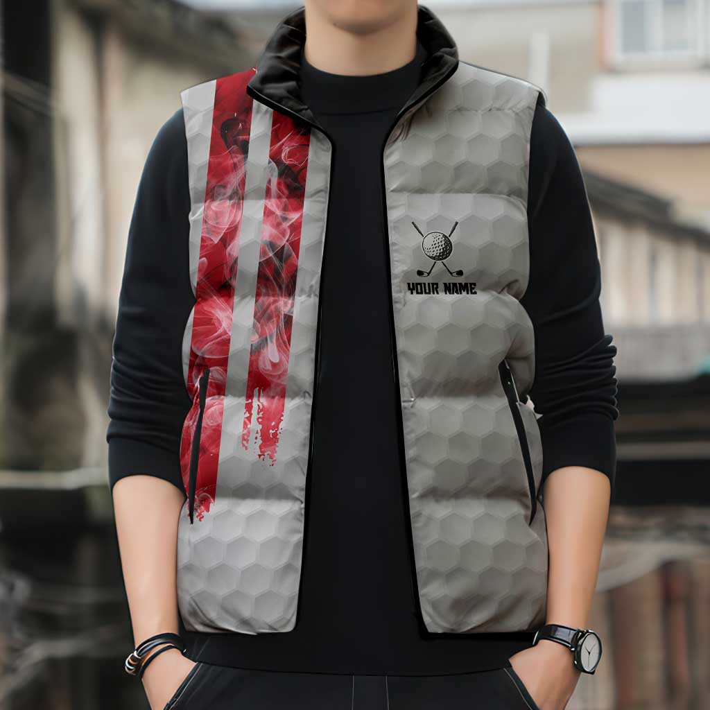 Custom Golf Ball and Clubs Sleeveless Puffer Jacket with American Flag Smoke Effect and Hexagon Pattern - Wonder Print Shop