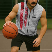 Custom Golf Ball and Clubs Sleeveless Zip Hoodie with American Flag Smoke Effect and Hexagon Pattern - Wonder Print Shop