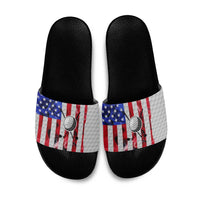 Golf Ball and Clubs Slide Sandals with American Flag Smoke Effect and Hexagon Pattern - Wonder Print Shop