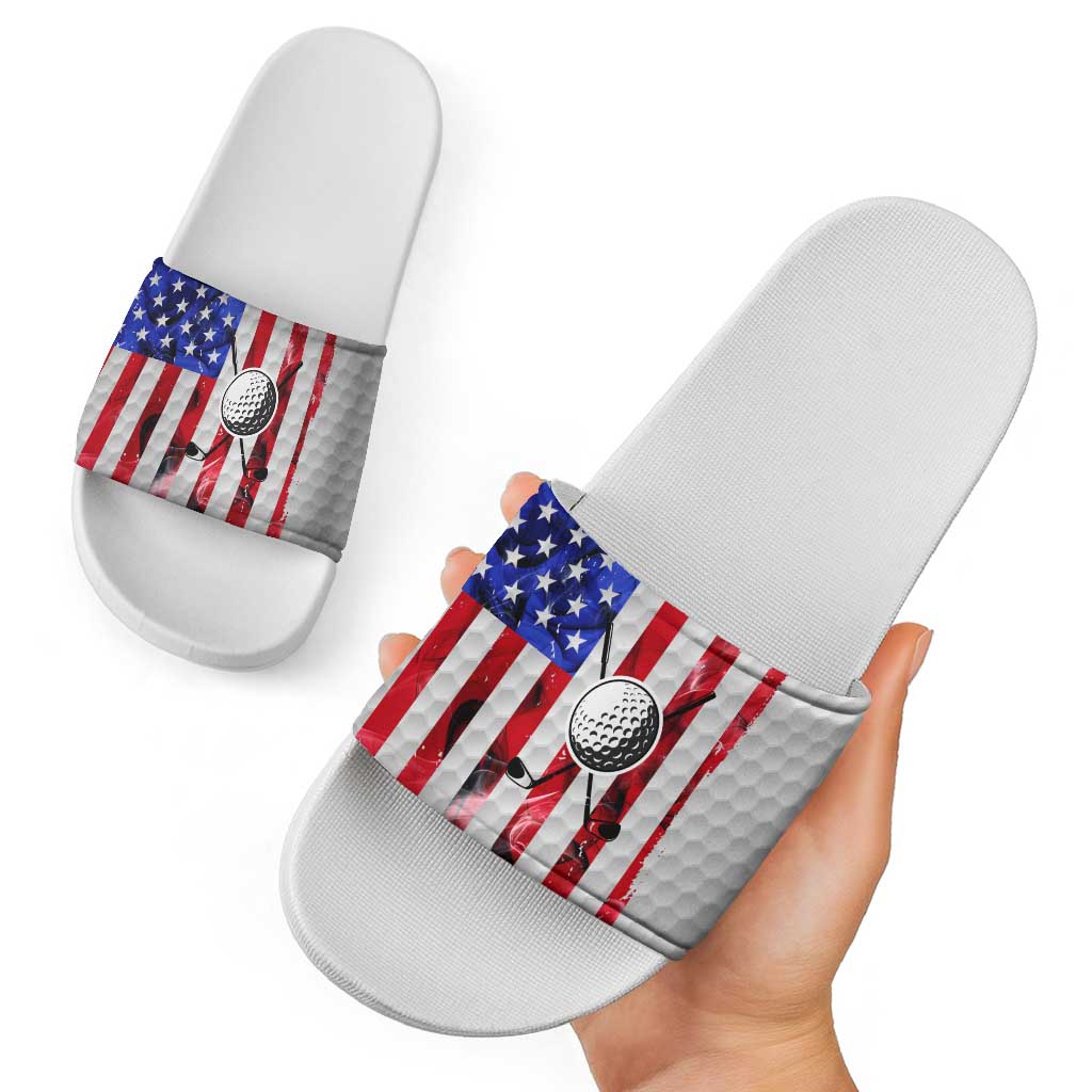 Golf Ball and Clubs Slide Sandals with American Flag Smoke Effect and Hexagon Pattern - Wonder Print Shop