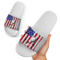 Golf Ball and Clubs Slide Sandals with American Flag Smoke Effect and Hexagon Pattern - Wonder Print Shop
